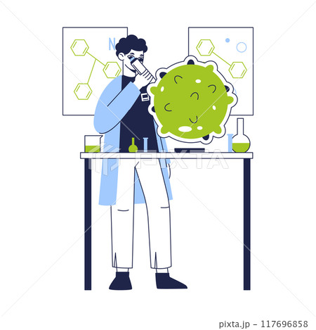 Biotechnology lab scientist. Medical laboratory worker, chemistry lab researching and development flat vector illustration. Chemical scientific experiment scene 117696858