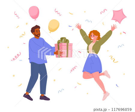Birthday gift giving. Man gives gift box to happy woman, festive mood, celebrating birthday party flat vector illustration. Couple with present box Birthday gift giving. Man gives gift box to happy woman, festive mood, celebrating birthday party flat vector illustration. Couple with present box 117696859