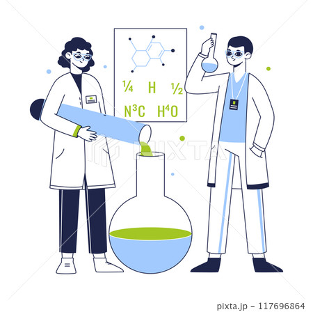Chemistry lab workers. Biotechnology lab scientists, medical laboratory development and researching flat vector illustration. Chemical scientific experiment scene 117696864