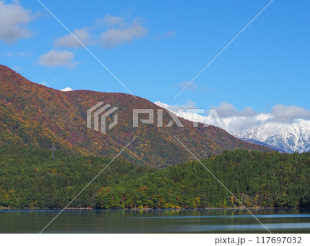 紅葉と山 冠雪の北アルプスと青木湖 長野県白馬村 紅葉と山 冠雪の北アルプスと青木湖 長野県白馬村 117697032