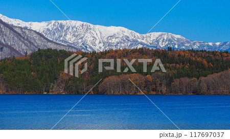 紅葉と山 冠雪の北アルプスと青木湖 長野県白馬村 紅葉と山 冠雪の北アルプスと青木湖 長野県白馬村 117697037