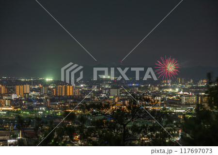 日本の岡山県岡山市の山から見た美しい打ち上げ花火 117697073