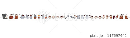 Coffee set. Coffee machine, gooseneck kettle, grinder, cups, portafilter, Turkish pot, French press continuous one line colored illustration. 117697442