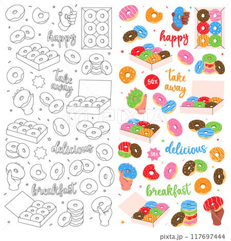 Donuts set in vertical banner. Glazed doughnuts with sprinkles. Bakery sweet pastry food. Hand drawn elements for confectionery menu, bakery shop. 117697444