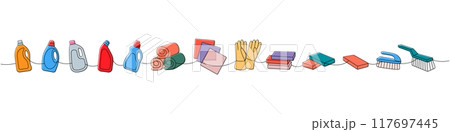 Set of cleaning tools one line. Toilet cleaners, towels, rags, gloves, sponges, washcloths, brushes continuous one line illustration. 117697445