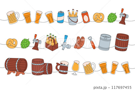 Set of brewery one line colored continuous drawing. Wooden barrels, cans, glasses, mugs, metal keg, bottle opener, sausages, tap, hop cone. Set of brewery one line colored continuous drawing. Wooden barrels, cans, glasses, mugs, metal keg, bottle opener, sausages, tap, hop cone. 117697455