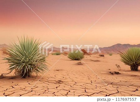 Plants in a remote dry cracked landscape.AI Generated 117697557