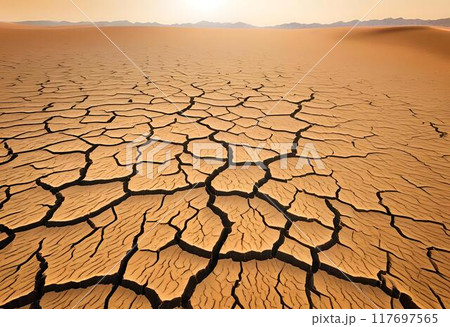 Dry cracked land scorched by sunlight.AI Generated 117697565