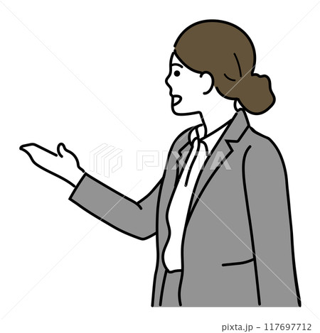 手を掲げて説明するビジネスウーマンのイラスト 117697712