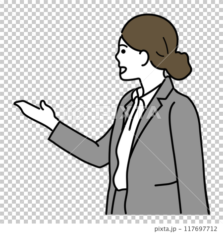 手を掲げて説明するビジネスウーマンのイラスト 117697712
