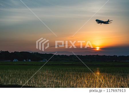 夕暮れに着陸する飛行機 117697913