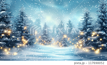 Winter forest with snow covered trees in Christmas festival background. Winter forest with snow covered trees in Christmas festival background. 117698052