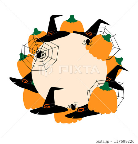 Halloween Round frame with pumpkins, which hats, spiders and cobwebs. Greetings concept Copyspase 117699226