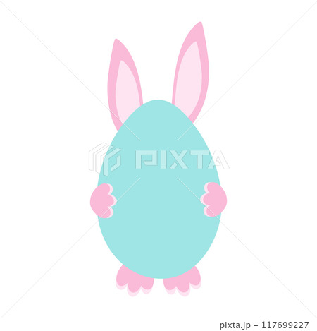 Easter egg and bunny ears, paws behind. Easter greeting or lettering template. Isolated. Copy space Easter egg and bunny ears, paws behind. Easter greeting or lettering template. Isolated. Copy space 117699227