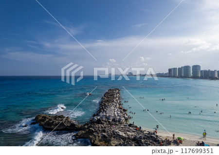Geometric Breakwater in Crystal Clear Waters at Playa Gaviota, Cancun 117699351