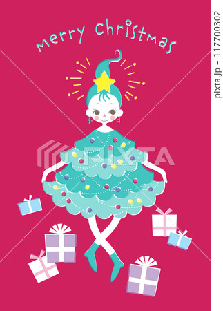 スカートの裾を持ち上げて踊るクリスマスツリーの妖精 117700302