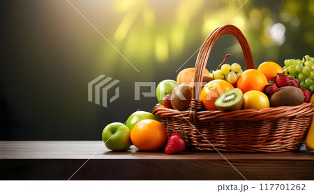 Basket of mixed fruit with copy space blurred background Basket of mixed fruit with copy space blurred background 117701262