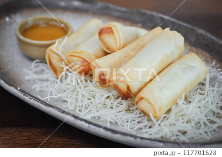 spring rolls, deep fried rolls or vermicelli rolls or deep fried Spring rolls or fried Spring rolls 117701628