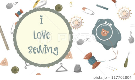 Vector illustration for sewing workshops, banners of weaving factories, tailors. Illustration with needles, threads, buttons, hoops and other sewing accessories. Vector illustration for sewing workshops, banners of weaving factories, tailors. Illustration with needles, threads, buttons, hoops and other sewing accessories. 117701804