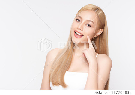 Beautiful young asian woman with clean fresh skin on white background, Face care, Facial treatment, Cosmetology, beauty and spa, Asian women portrait. Beautiful young asian woman with clean fresh skin on white background, Face care, Facial treatment, Cosmetology, beauty and spa, Asian women portrait. 117701836