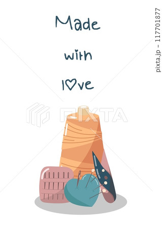 Vector illustration with sewing supplies, skein of thread, needle holder and steamer. The illustration is suitable for stickers, postcards and posters. Vector illustration with sewing supplies, skein of thread, needle holder and steamer. The illustration is suitable for stickers, postcards and posters. 117701877