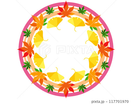 トリコロールの紅葉とイチョウの丸いフレーム 117701970