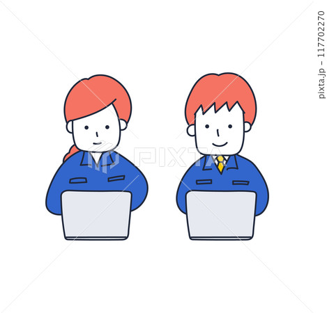 パソコンで仕事をする作業服姿の男女2人 パソコンで仕事をする作業服姿の男女2人 117702270