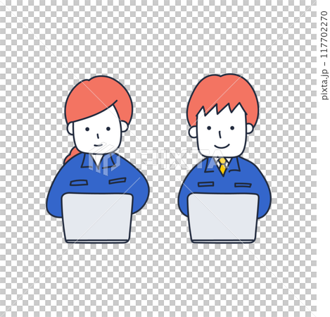 パソコンで仕事をする作業服姿の男女2人 パソコンで仕事をする作業服姿の男女2人 117702270