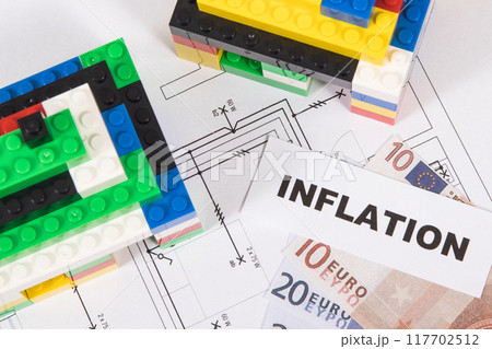 Houses made of toy blocks, house plan, euro banknotes with inscription inflation 117702512