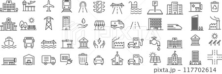 ベクターでモノクロのインフラに関する線画アイコンセット ベクターでモノクロのインフラに関する線画アイコンセット 117702614