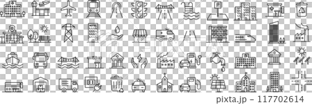 Vector monochrome line icon set about infrastructure 117702614