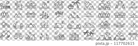 Vector monochrome landscape line icon set Vector monochrome landscape line icon set 117702615