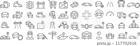 ベクターでモノクロの自動車に関する線画アイコンセット ベクターでモノクロの自動車に関する線画アイコンセット 117702616