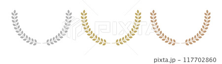 シンプルな丸い葉っぱのリースや月桂冠のフレームのセット - 金銀銅のエンブレムや飾り罫の装飾素材 117702860