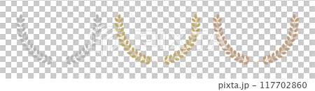 シンプルな丸い葉っぱのリースや月桂冠のフレームのセット - 金銀銅のエンブレムや飾り罫の装飾素材 117702860