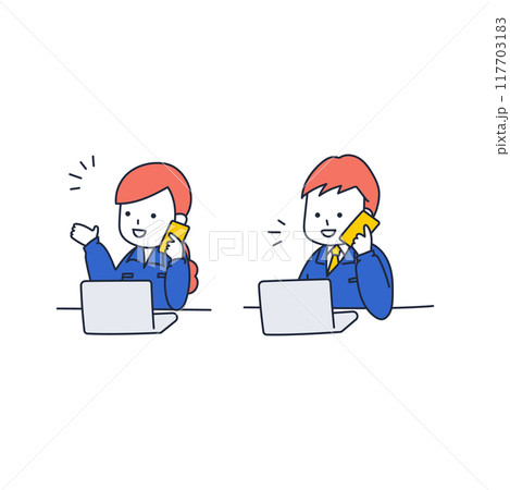 携帯電話で話しながらパソコンで仕事をする作業員の男女 携帯電話で話しながらパソコンで仕事をする作業員の男女 117703183