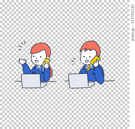 携帯電話で話しながらパソコンで仕事をする作業員の男女 携帯電話で話しながらパソコンで仕事をする作業員の男女 117703183