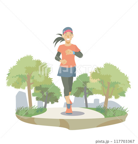 初夏の公園を走る女性ランナーのイラスト 117703367