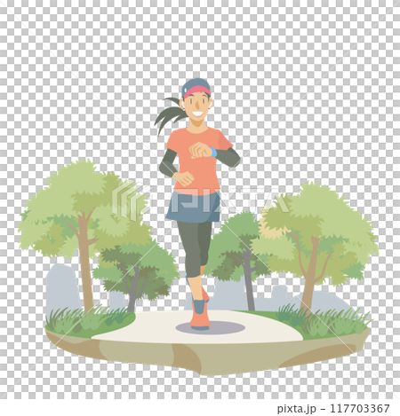 初夏の公園を走る女性ランナーのイラスト 117703367