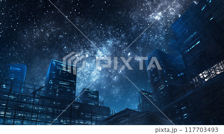 夜空に輝く青い空と雲と月のイラスト、都会の中の風景、下から見た風景 117703493