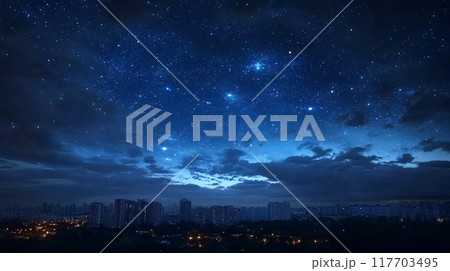 夜空に輝く夜空と天の川のシルエット、都会の風景 117703495