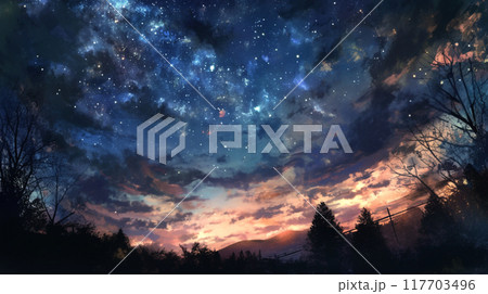 月光に照らされた星空、夕暮れの空 117703496
