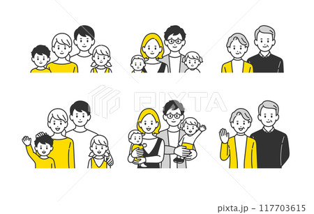 笑顔の子育て世帯･三世代家族の上半身セット【人物ベクターイラスト素材】 117703615