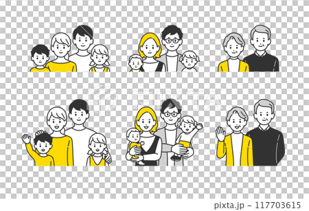 笑顔の子育て世帯･三世代家族の上半身セット【人物ベクターイラスト素材】 117703615