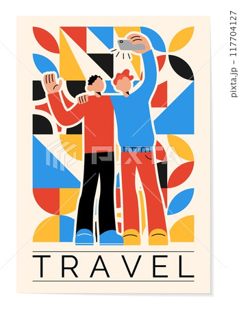 Travel persons. Happy men making selfie. Abstract geometric shapes. Phone photo camera. Hugging friends. Casual guys vacation. Trendy characters posing for photography. Vector tourism banner design Travel persons. Happy men making selfie. Abstract geometric shapes. Phone photo camera. Hugging friends. Casual guys vacation. Trendy characters posing for photography. Vector tourism banner design 117704127