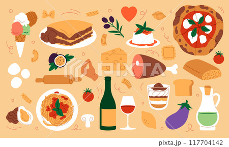 Italian food. Pizza and pasta. Travel in Italy. Fresh tomato. Olive oil. Wine bottle. Restaurant ingredients. Cuisine menu. Cooking dinner. Tiramisu dessert. Cook stickers. Vector meal products set 117704142