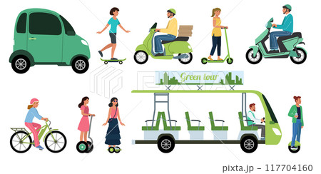 Electric transport. Ecological car. Green technology. People on bikes or scooters. Auto with electrical power battery. Urban mobile. Persons drive motorcycles and gyroscooters. Vector eco vehicles set 117704160