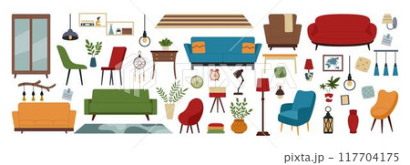 Home furniture. Interior decor. Office room design. Cozy apartment. Soft sofa. Table and light lamp. Modern couch. Chair or comfortable armchair. House lounge. Vector tidy flat furnishing elements set Home furniture. Interior decor. Office room design. Cozy apartment. Soft sofa. Table and light lamp. Modern couch. Chair or comfortable armchair. House lounge. Vector tidy flat furnishing elements set 117704175