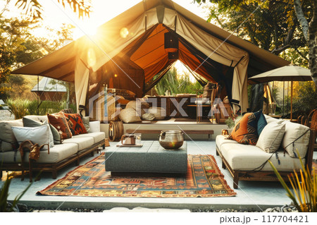 Safari-inspired glamping site with chic outdoor furnishings, showcasing a luxurious setup in a 117704421