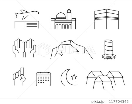 Islam hajj umrah pilgrimage holy kaaba religion trip destination moslem obligation black and white stroke design icon collection 117704543